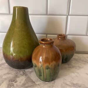 Vintage Ceramic Drip Glaze Vase Set of 3 — Earthy Green & Brown Pottery